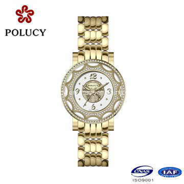 Moda oro completo reloj reloj de acero inoxidable por mayor de lujo